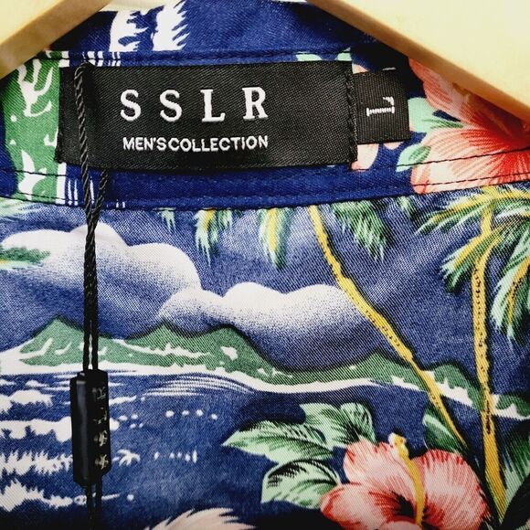 NWT SSLR Men's Hawaiian Shirt Aloha Flamingos Palms Tropical Blue Pink Size L - Picture 4 of 6